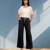 Pantaloni drepți bumbac cu șiret în talie negru