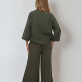 Pantaloni din in evazați cu 4 nasturi și buzunare kaki
