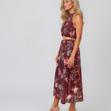 Rochie lungă din bumbac cu print floral și centură în talie grena
