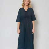 Rochie midi cu decolteu parte peste parte și mânecă 3/4 negru