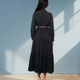 Rochie lungă cu legătură la guler și curea negru