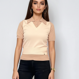 Pulover cu mânecă scurtă, guler cămașă și nasturi crem