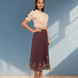 Fustă lungă plisată cu print floral maro