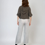 Pantaloni lungi din in cu buzunare croșetate alb