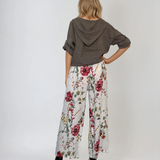 Pantaloni lungi cu print floral și buzunare alb