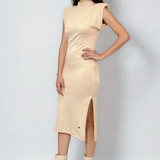 Rochie midi din tricot cu slituri laterale crem