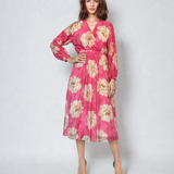 Rochie lungă cu print floral, mânecă lungă, elastic talie, decolteu în V ciclam
