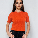 Pulover tricotat cu mânecă scurtă si perle portocaliu