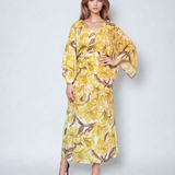 Rochie vascoza cu maneca larga si print floral-Galben