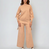 Compleu tricotat casual cu cataramă la buzunare beige