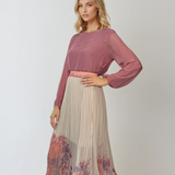 Fustă lungă plisată cu print floral și crinolină fluidă roz