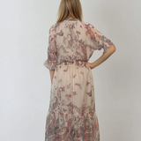 Rochie lungă din voal fluid cu volan jos și print floral alb