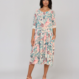 Rochie cu print oriental și buzunare turcoaz