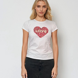 Tricou mulat din bumbac cu print inimă roz pe bust și capse alb