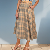 Fustă lungă cloș cu buzunare și carouri turcoaz