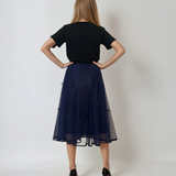 Fustă midi din tulle cu fundițe și aspect satinat bleumarin