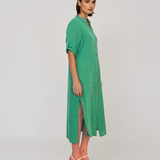 Rochie din in cu nasturi și buzunare verde
