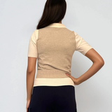 Pulover cu mânecă scurtă, guler cămașă și nasturi beige