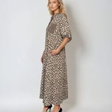 Rochie lungă din bumbac cu print geometric și mânecă 3/4 beige