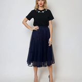 Fustă midi din tulle cu fundițe și aspect satinat bleumarin
