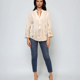 Bluză tip ie din bumbac cu broderie aurie și mânecă lungă alb