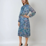 Rochie midi din voal cu print floral și curea albastru