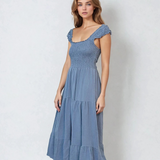 Rochie lungă mulată cu bretele crețe albastru jeans