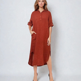 Rochie midi cămașă din in cu mânecă lungă și șlițuri laterale caramiziu