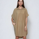 Rochie stil cămașă din in cu dungi beige