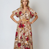 Rochie lunga cu volan centura in talie si print floral beige