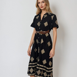 Rochie lungă din bumbac cu broderie geometrică și curea negru