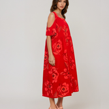 Rochie din in cu umeri goi și print rosu
