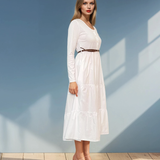 Rochie lungă cu bust din bumbac și curea în talie alb