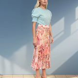 Fustă plisată lungă cu print floral roz