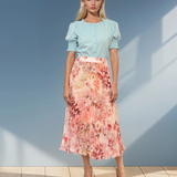 Fustă plisată lungă cu print floral roz