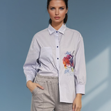 Cămașă damă asimetrică lungă în spate cu print floare bleu