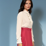 Bluză din voal cu volane la guler și mâneci alb