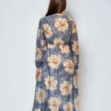 Rochie lungă cu print floral, mânecă lungă, elastic talie, decolteu în V albastru jeans