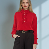 Bluză din voal cu volane la guler și mâneci rosu