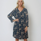 Rochie midi lejeră cu print și decolteu în V albastră