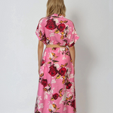 Rochie lunga cu centura in talie print floral roz