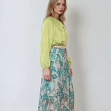 Fustă lungă plisată cu curea și print floral turcoaz