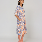 Rochie cu print oriental și buzunare albastru