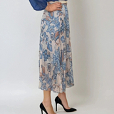 Fustă lungă plisată cu curea și print floral bleu