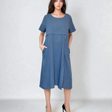 Rochie cu buzunare și nasturi pe o parte albastru jeans