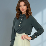 Bluză din voal cu volane la guler și mâneci verde