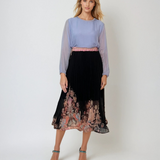 Fustă lungă plisată cu print floral și crinolină fluidă negru