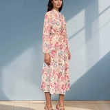 Rochie din voal cu print floral, legătură la guler și curea crem