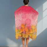 Rochie lungă din mix mătase cu print flora ciclam