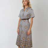 Rochie lungă din bumbac cu broderie geometrică și curea bleu